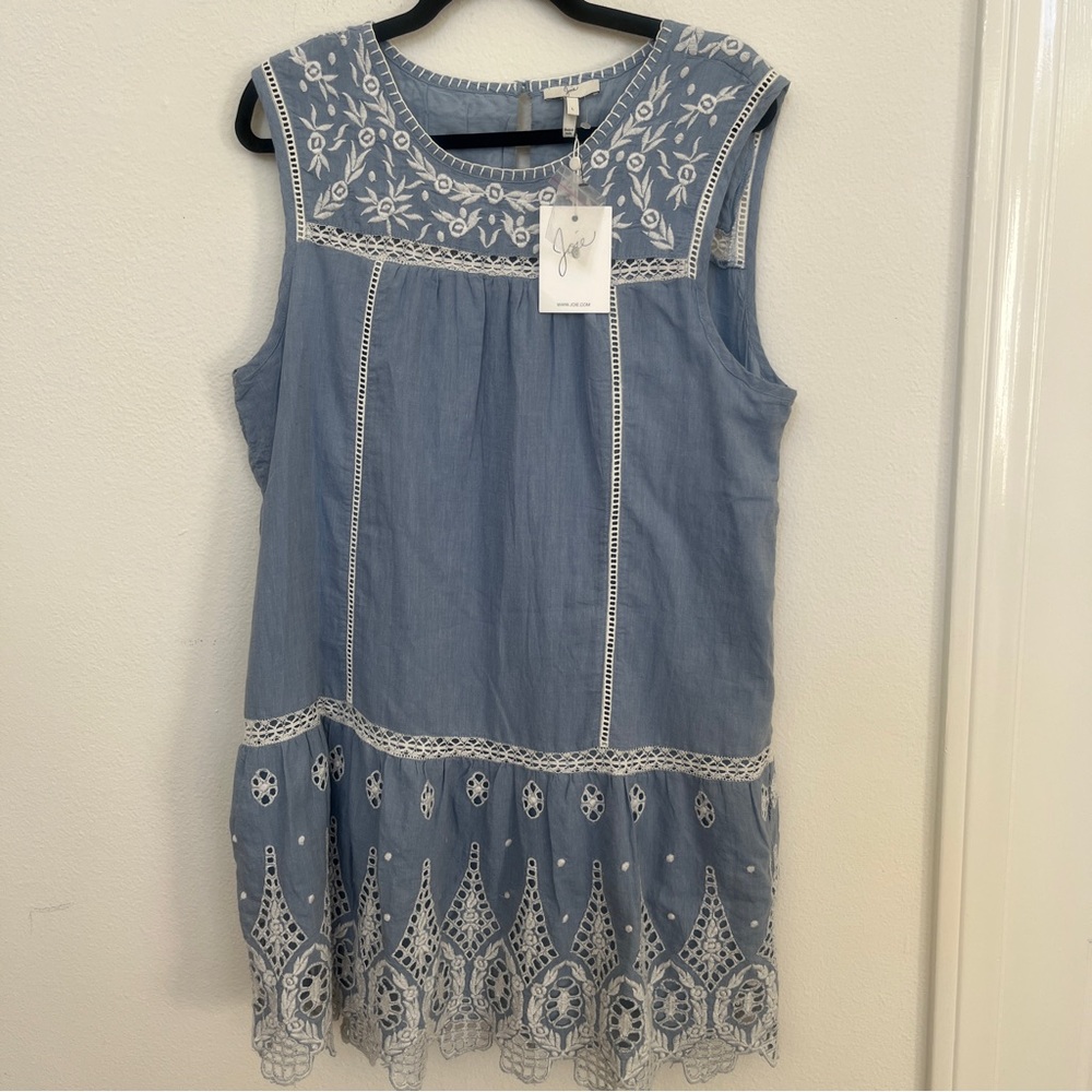 NWT JOIE Ashawa Chambray Shift Dress sz L 42” porcelain blue Embroidered eyelet